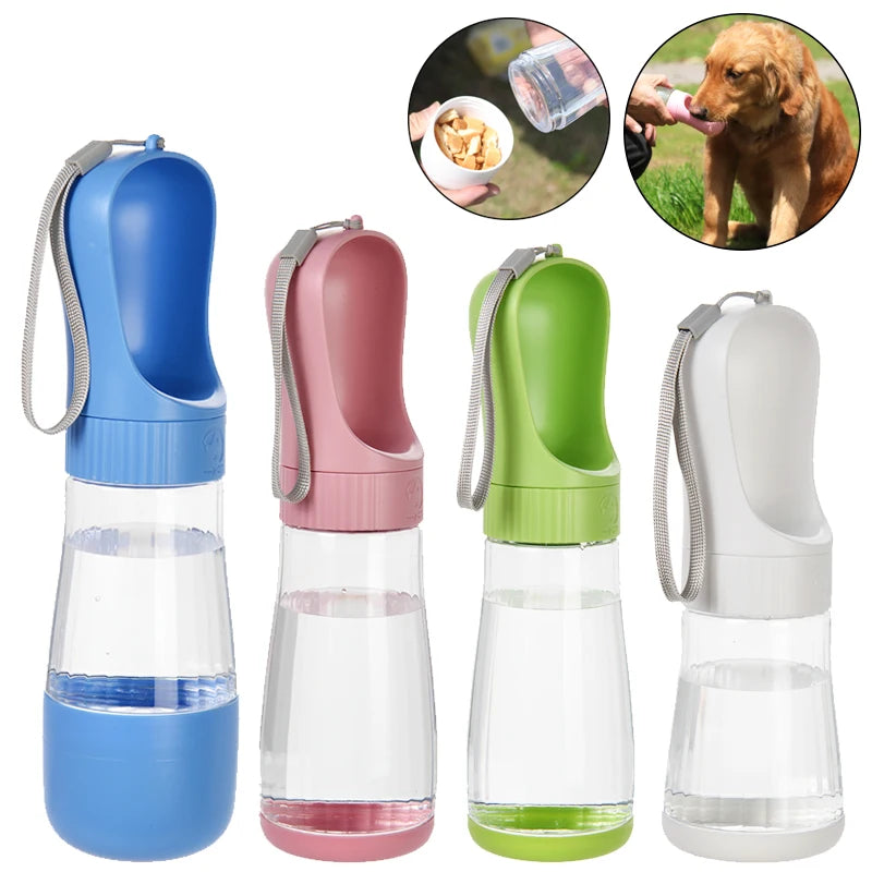 Garrafa de água portátil para cães com recipiente para comida.