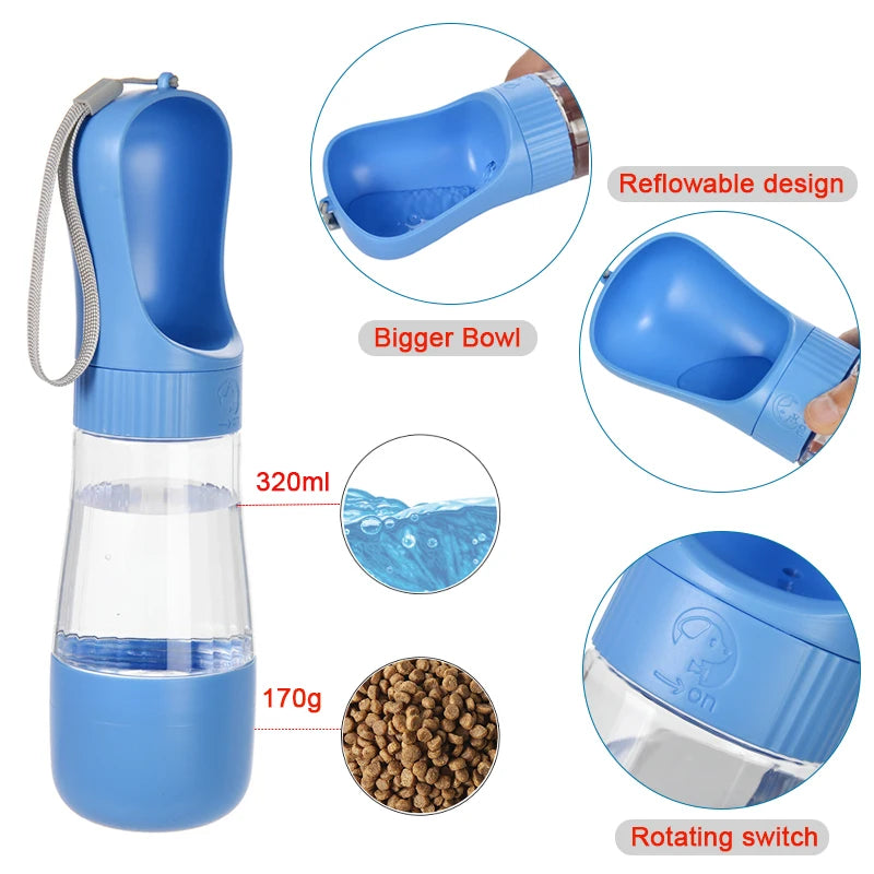 Garrafa de água portátil para cães com recipiente para comida.